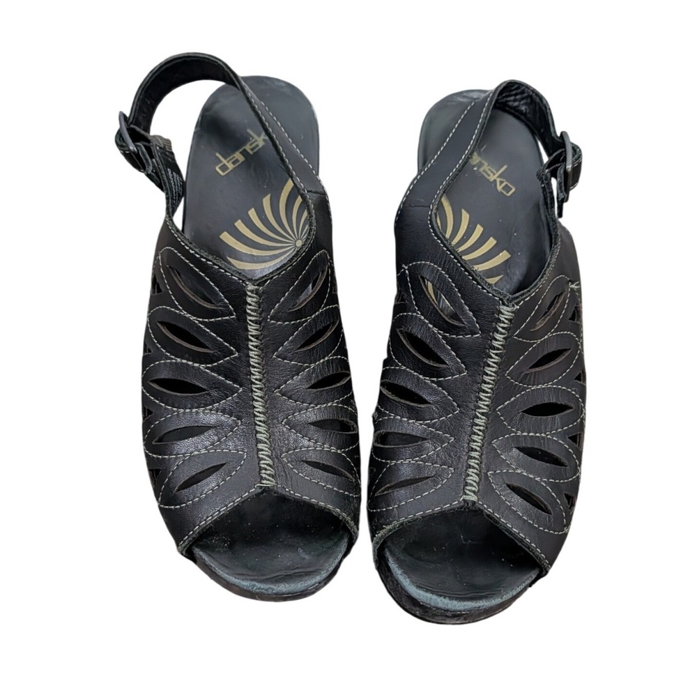 Dansko Black Leather Laser Cut Petal Wood Clog Sandals Slingback- 9.5